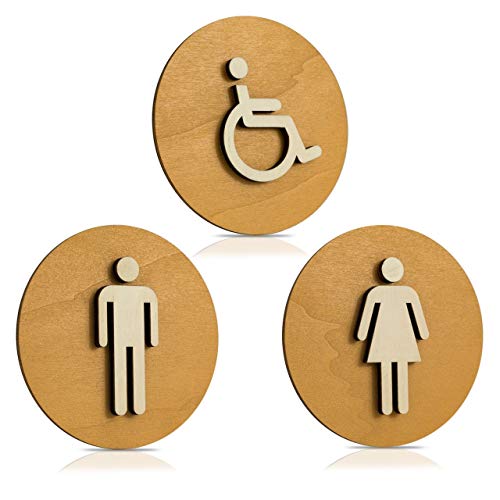 WC Schild Holz Toilettenschild Toilette Türschild Damen Herren Behinderten Piktogramm Farbe Nussbaum hell (Ø 12cm, Damen+Herren+Behinderten) Art.Nr. 4005 von edelstahlheini.de