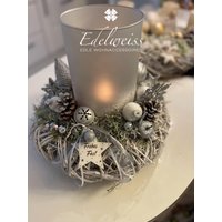 Adventsgesteck Wintermärchen Edelweiß ...xxl Windlicht Landhausdeko Ein Hauch Von Silber von edelweissdeko