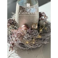 Adventsgesteck Wintermärchen Edelweiß ...xxl Windlicht Landhausdeko... Ein Hauch Rosa von edelweissdeko