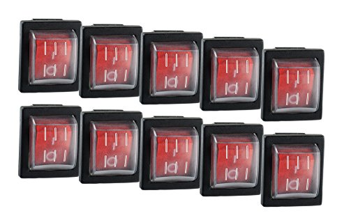 10x Wippschalter eckig rot beleuchtet 2-polig 250V 16A 30x22mm und 10x Schutzkappe von edi-tronic