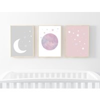 3Er Set Bilder Fürs Kinderzimmer Von Mond Und Sternen Rosa Grau Mädchen von edieandjoehandmade