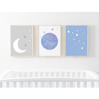 3Er Set Prints Fürs Kinderzimmer Poster Mond Und Sterne Blau Grau von edieandjoehandmade