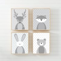 4Er Set Tierposter Grau Hasen Print Waldtiere Und Gemustert Grau, Waldtiere 4Er Set Tierposter Grau Hasen Print Waldtiere Und Gemustert Grau, Waldtiere von edieandjoehandmade