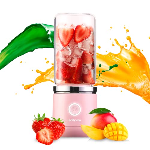 Edihome, Smoothie Maker to Go, Blender, für Shake, Smoothie, Gemüse und Obst, Elektrischer Mini Mixer, mit Glasbecher, 380 ml, USB aufladbar, 2000mAh (Rosa) von edihome