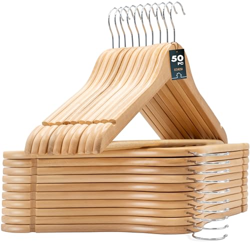 edihome, Kleiderbügel Holz, Set mit 50, Bügel aus Massivholz, Rutschfester Hosenteg, Einkerbungen im Schulterbereich, 360° drehbarer Haken, für Anzüge, Hemden (Holz, 50 Stück) von edihome