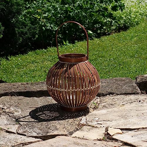 BOURGH Laterne Bambus AGIRA - Natur Holz Windlicht, Dunkelbraun, 26 cm hoch, mit Henkel, Kerzenhalter Windlicht Glas - Geeignet als Balkon Deko und für Garten, Terrasse und Wohnung von efaso