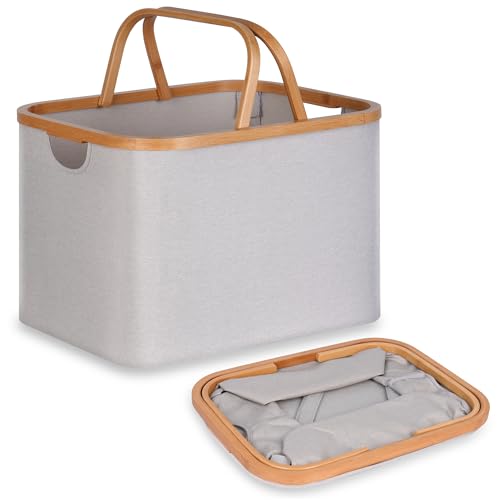 efluky Faltbarer Wäschekorb 43L, Bambus Stoff Faltbarer Storage Basket, Aufbewahrung Klappbar Wäschekorb, Laundry Baskets für Schlafzimmer Badezimmer (Beige-43L) von efluky