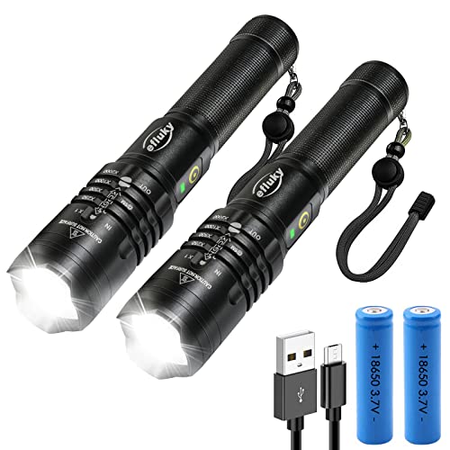 efluky Led Taschenlampe, 2 Stück USB Aufladbar XHP50 Led Taschenlampen, Extrem Hell 2000 Lumen mit 5 Lichtmodi Batteriebetrieben, mit 2000mAh (18650) Akku, IPX4 Wasserdicht für Camping, Notfall von efluky