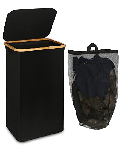 efluky Wäschekorb mit Deckel, 100 Liter hoher Wäschebox mit Bambus Henkel und Innentasche, faltbarer groß XXL Waschekorbsammler, Laundry Baskets für Schlafzimmer Badezimmer, schwarz von efluky