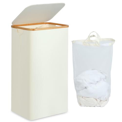 efluky Wäschekorb mit Deckel 100 Liter hoher Wäschebox mit Bambus Henkel und Innentasche, faltbarer groß XXL Waschekorbsammler Wäschekörbe Wäscheboxen Beige von efluky