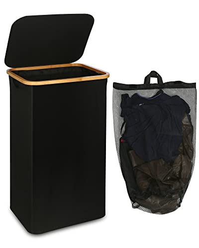 efluky Wäschekörbe mit Deckel 120 Liter hoher Wäschebox mit Bambus Henkel und Innentasche, faltbarer groß XXL Waschekorbsammler Wäschekorb Wäscheboxen Laundry Baskets von efluky