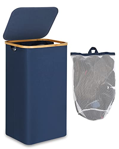 efluky Wäschekörbe mit Deckel, Wäschetonne Laundry Basket 100 Liter Wäschekorb Bambus Wäschebox mit Henkel und Tasche, faltbar groß XXL Waeschekorb für Zimmer Platzsparend Blau von efluky