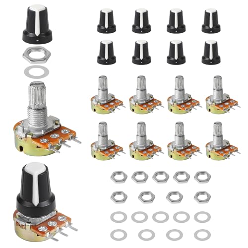 EFUTURETIME 10 x Potentiometer (B1K 2K 5K 10K 20K 50K 100K 250K 500K 1M Ohm), Drehpotentiometer Linear 3 Anschlüsse mit 10 weißen Kunststoffknöpfen, Unterlegscheibe und Mutter von efuturetime
