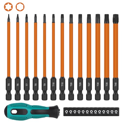 EFUTURETIME 13 Stück 100mm 1/4" Torx Lang Schraubendreher Bit Set, T5 T6 T7 T8 T9 T10 T15 T20 T25 T27 T30 T35 T40, Bitsatz Lang Magnetisch mit Torxschraubendreher, Torx Bit aus S2 Stahl von efuturetime