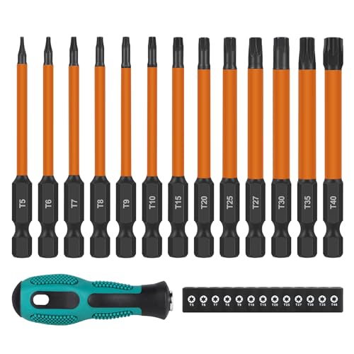 EFUTURETIME 13 Stück 75mm 1/4" Torx Lang Schraubendreher Bit Set, T5 T6 T7 T8 T9 T10 T15 T20 T25 T27 T30 T35 T40, Bitsatz Lang Magnetisch mit Torxschraubendreher, Torx Bit aus S2 Stahl von efuturetime