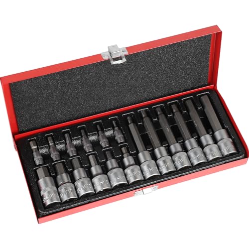 EFUTURETIME 18-tlg Steckschlüsselsatz 1/2" H6 H7 H8 H10 H12 H14 (55 mm lang), 1/2" H5 H6 H7 H8 H10 H12 (100 mm lang) & 1/4" H3 H4 H5 H6 H7 H8 Innensechskant Hex Nuss Set mit Metallkasten von efuturetime