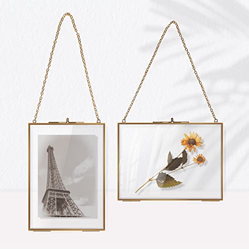 efuturetime® 2PCS Glasrahmen Wandbehang, 13 * 18cm, Bilderrahmen Doppelglas Rechteck, Bilderrahmen Durchsichtig Beidseitig für Gepresste Blumen, Foto, Bild, Karte, Urkunde, Gold von efuturetime