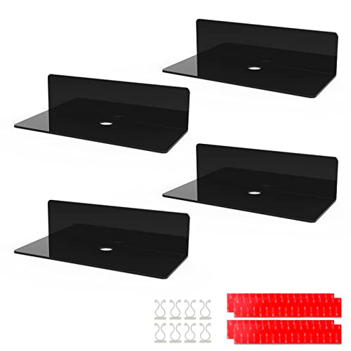 efuturetime® 4PCS Wandregal Schwarz Acryl, 23 * 9.5cm, Schwimmende Wandregale, Schweberegal Ohne Bohren mit 8 Kabelclips, Displayregal Wand, Mini Regal für Büro, Bad, Küche, Schlafzimmer von efuturetime