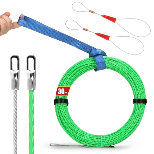 EFUTURETIME Kabeleinziehhilfe 30M Einziehspirale Fiberglas, 4.5mm Zugdraht für Leerrohre Polyester, Kabeleinzug mit 2 Einziehfeder, Einzugsband mit 3 Verzurrgurte zur Kabelverlegung, Grün von efuturetime