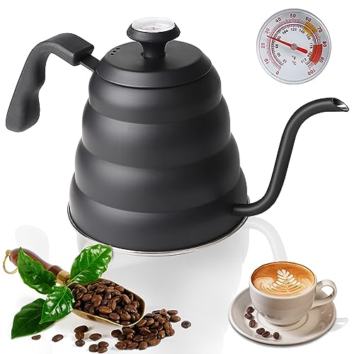 EFUTURETIME Wasserkocher Schwanenhals Schwarz mit Thermometer 1.2 L, Kaffeekanne Edelstahl Wasserkessel Gooseneck Kettle für Gas- und Induktionskochfelder von efuturetime