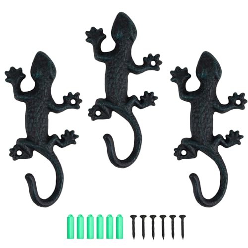 efuturetime 3 Stück Gecko Garderobenhaken, Rustikale Garderobenhaken, Gusseisen Wandhaken mit Schrauben, Kleiderhaken Wand zum Aufhängen Kleidung Schlüsseln Hüten Taschen, Schwarz-Grün von efuturetime