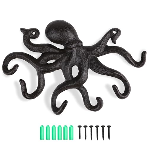 efuturetime Oktopus Garderobenhaken, Rustikale Garderobenhaken, Gusseisen Wandhaken mit Schrauben, Kleiderhaken Wand zum Aufhängen Kleidung Schlüsseln Hüten Taschen, Dunkelbraun von efuturetime