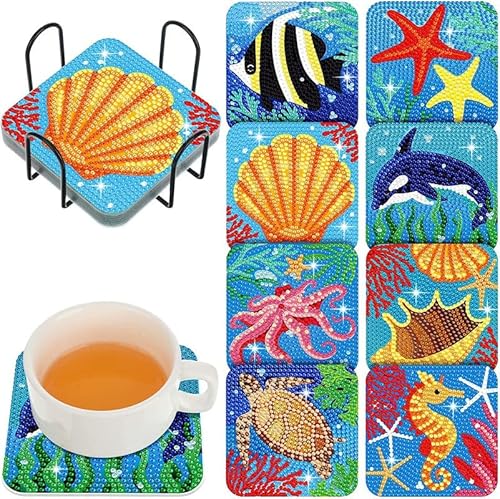 egjxal 8pcs Diamond Art Coasters Diamond Art Coaster Set with Holder Diamond Craft Art Painting Coasters DIY Coasters Diamond Painting Set for Kids and Adults Beginners (Underwater Creatures 3) von egjxal