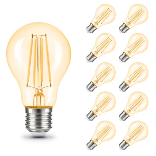 ehomeled E27 LED Edison Glühbirne Vintage Warmweiß (2300K), Goldenes Glas & Filament, 806 Lumen 7W (=60W), Retro LED Birne, Energiesparend, Ideal für Wohnzimmer, Schlafzimmer & Deko, 10er-Pack von ehomeled