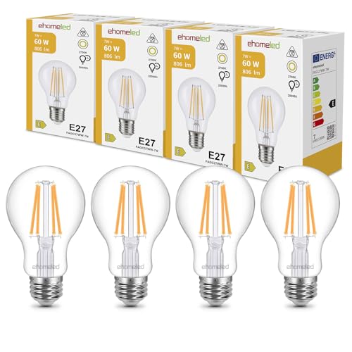 ehomeled E27 LED Edison Glühbirne Vintage Warmweiß (2700K), Klares Glas & Filament, 806 Lumen 7W (=60W), Retro LED Birne, Energiesparend, Ideal für Wohnzimmer, Schlafzimmer & Deko, 4er-Pack von ehomeled