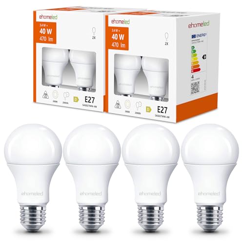 ehomeled E27 LED Glühbirne A60 Warmweiß(3000K), 470 Lumen 3,4W (=40W), Energiesparende Klassische LED Birne, Ideal für Wohnzimmer, Schlafzimmer & Büro, 4er-Pack von ehomeled
