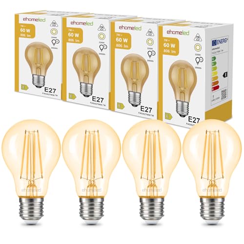 ehomeled E27 LED Edison Glühbirne Vintage Warmweiß (2300K), Goldenes Glas & Filament, 806 Lumen 7W (=60W), Retro LED Birne, Energiesparend, Ideal für Wohnzimmer, Schlafzimmer & Deko, 4er-Pack ehomeled E27 LED Edison Glühbirne Vintage Warmweiß (2300K), Goldenes Glas & Filament, 806 Lumen 7W (=60W), Retro LED Birne, Energiesparend, Ideal für Wohnzimmer, Schlafzimmer & Deko, 4er-Pack von ehomeled
