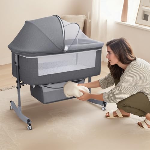 ehozirta 3 in 1 Babybett, Babywiege, Kleinkind-Stubenwagen, Babybett, Reisebett, mit Matratze und Wickeltisch, zusammenklappbar, verstellbar, Schaukeln, tragbares Kinderbett, Moskitonetz und Rollen ehozirta 3 in 1 Babybett, Babywiege, Kleinkind-Stubenwagen, Babybett, Reisebett, mit Matratze und Wickeltisch, zusammenklappbar, verstellbar, Schaukeln, tragbares Kinderbett, Moskitonetz und Rollen von ehozirta