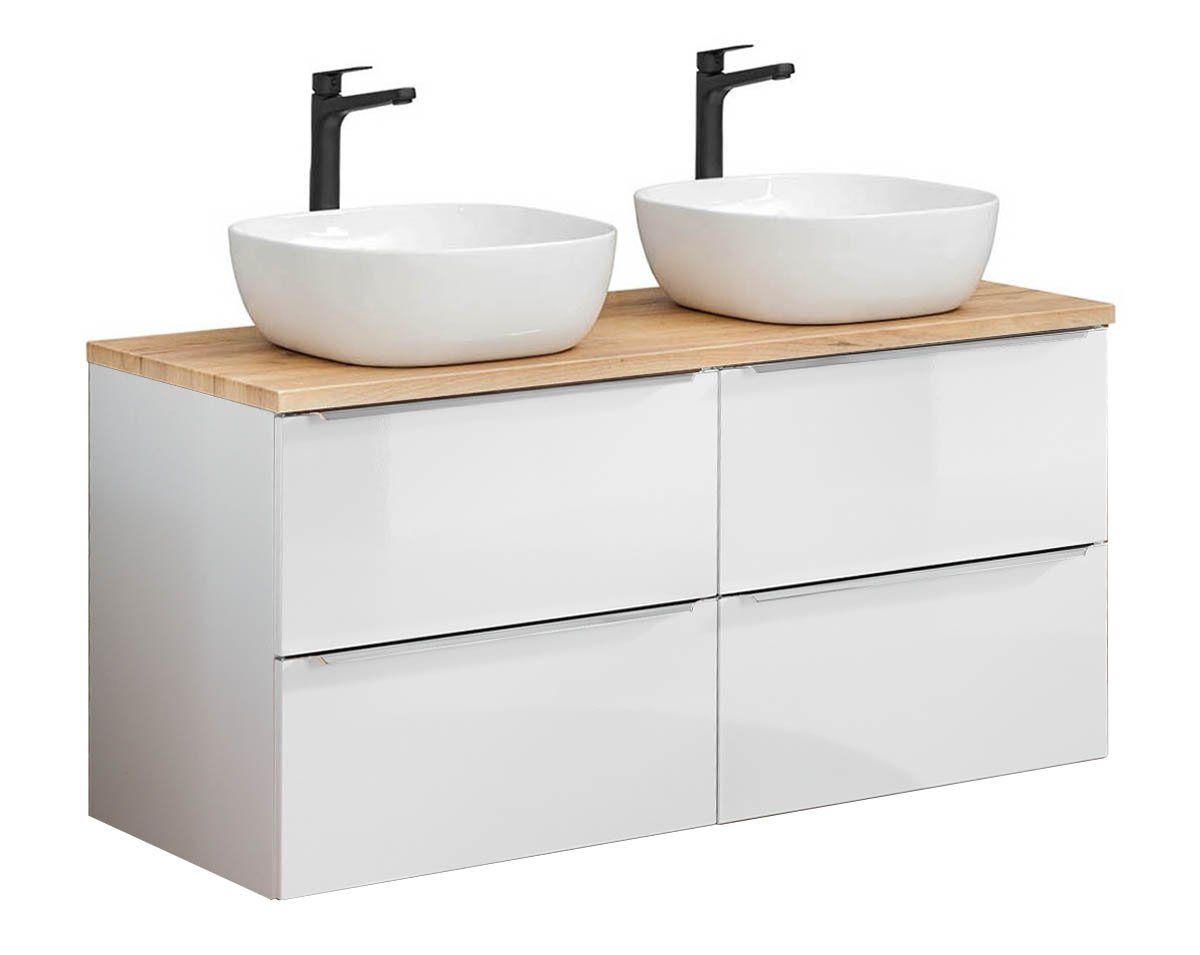 einfachgutemoebel Waschtisch-Set Bad Doppel-Waschplatz CAPRI 120cm, 2x Aufsatzbecken, weiß-goldeiche von einfachgutemoebel