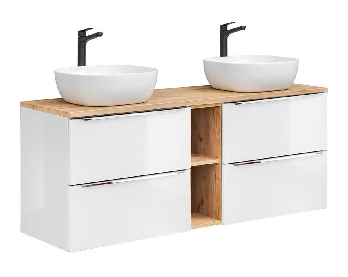 einfachgutemoebel Waschtisch-Set Bad Doppel-Waschplatz CAPRI 140cm, 2x Aufsatzbecken, weiß-goldeiche von einfachgutemoebel