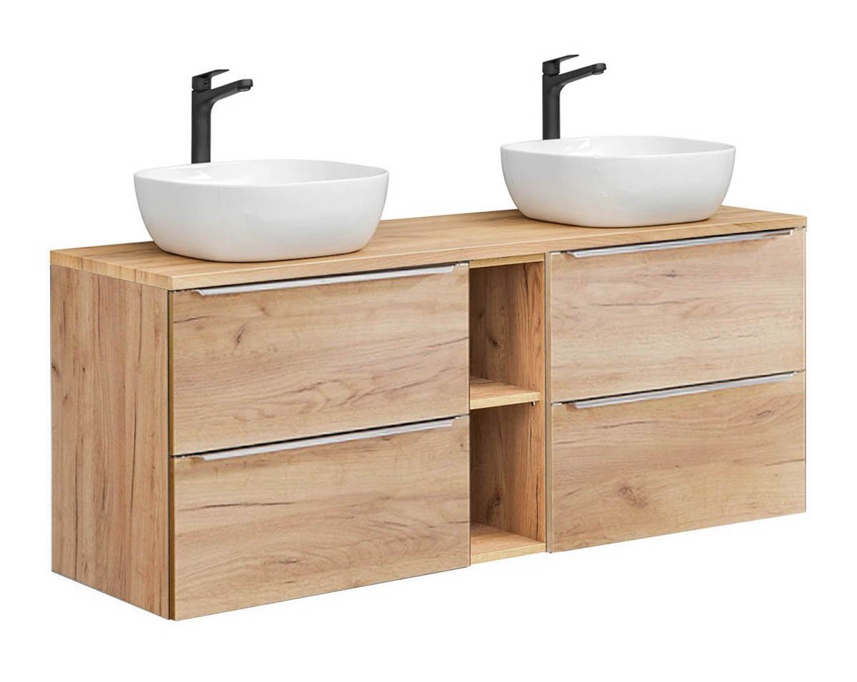 einfachgutemoebel Waschtisch-Set Bad Doppel-Waschplatz CAPRI 140cm, oak Aufsatzwaschbecken, goldeiche von einfachgutemoebel