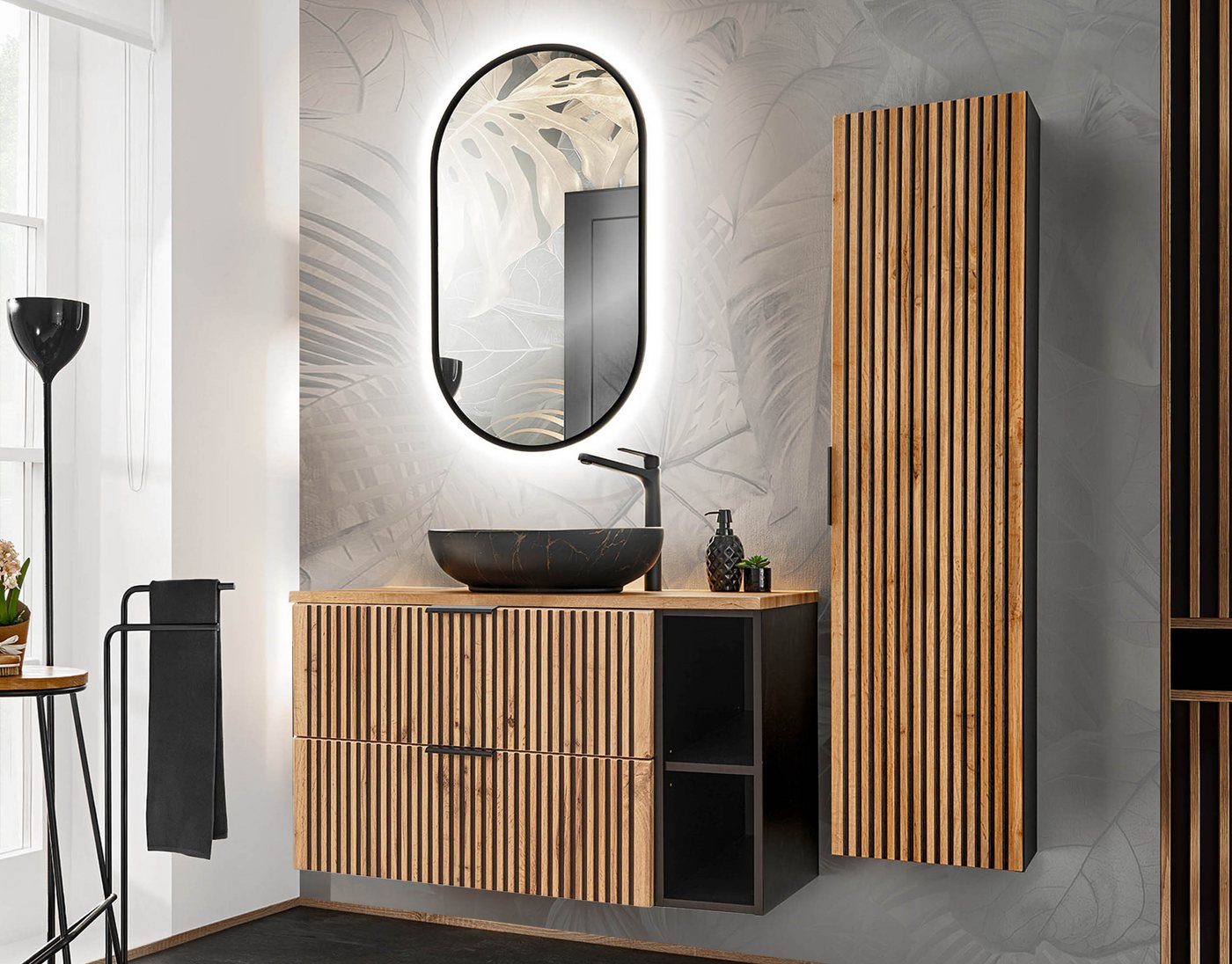 einfachgutemoebel Waschtisch-Set Bad Set 3-teilig TRIBUNE 100cm, Regal Becken blk, Black- Wotan-Eiche, (Badmöbel Set, 1-St., Waschtisch SET 3-teilig) von einfachgutemoebel