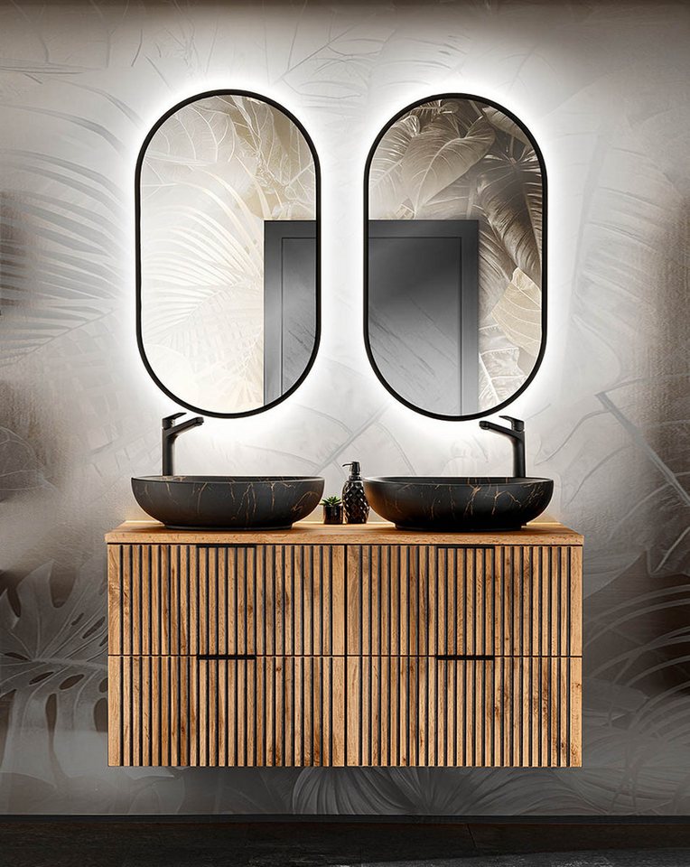 einfachgutemoebel Waschtisch-Set Bad Set 3-teilig TRIBUNE 120cm, Becken black, Schwarz - Wotan-Eiche, (Badmöbel Set, 1-St., Waschtisch SET 3-teilig) von einfachgutemoebel