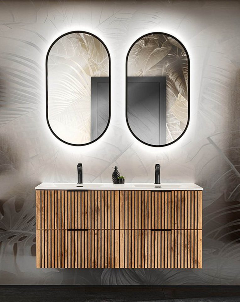 einfachgutemoebel Waschtisch-Set Bad Set 3-teilig TRIBUNE 120cm, Doppelbecken, Schwarz - Wotan-Eiche, (Badmöbel Set, 1-St., Waschtisch SET 3-teilig) von einfachgutemoebel