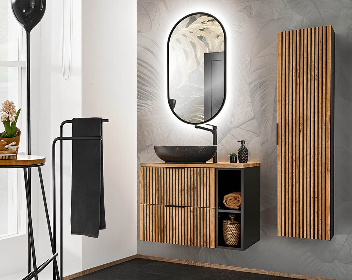 einfachgutemoebel Waschtisch-Set Bad Set 3-teilig TRIBUNE 80cm, Regal Becken blk, Black- Wotan-Eiche, (Badmöbel Set, 1-St., Waschtisch SET 3-teilig) von einfachgutemoebel