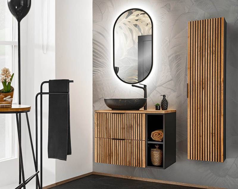 einfachgutemoebel Waschtisch-Set Bad Set 3-teilig TRIBUNE 80cm, Regal Becken blk, Black- Wotan-Eiche, (Badmöbel Set, 1-St., Waschtisch SET 3-teilig) von einfachgutemoebel