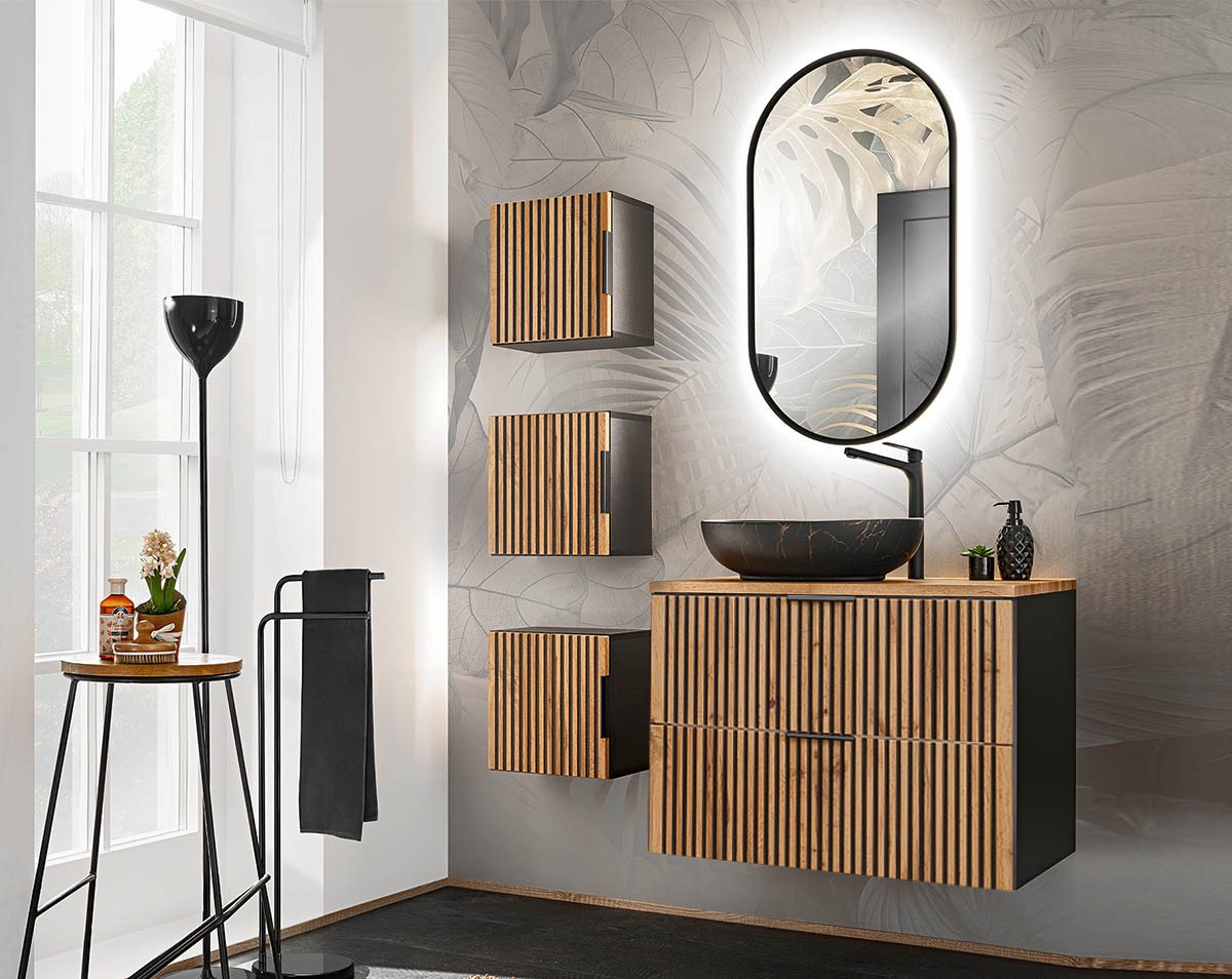 einfachgutemoebel Waschtisch-Set Bad Set 5-teilig TRIBUNE 80cm, Becken black, Schwarz - Wotan-Eiche, (Badmöbel Set, 1-St., Waschtisch SET 5-teilig) von einfachgutemoebel