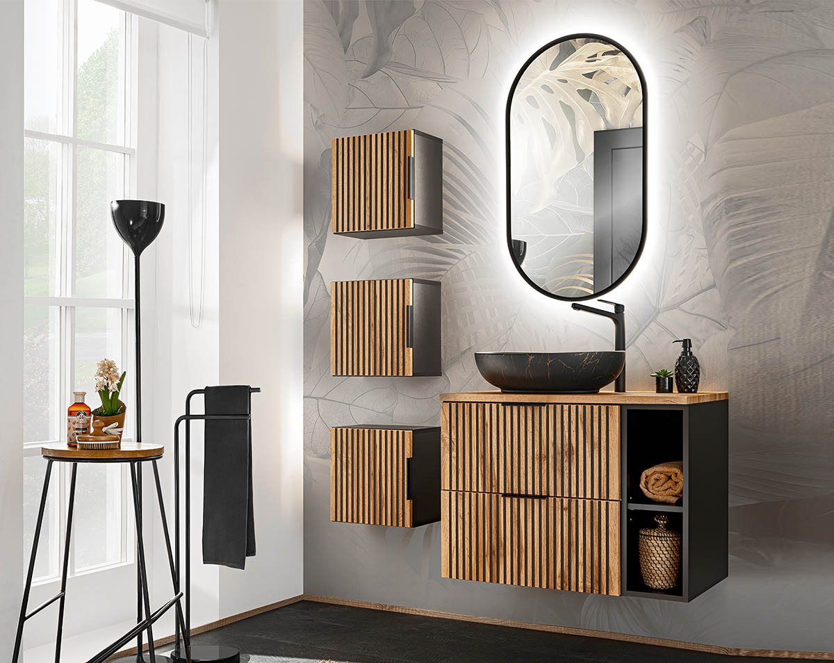 einfachgutemoebel Waschtisch-Set Bad Set 5-teilig TRIBUNE 80cm, Regal Becken blk, Black- Wotan-Eiche, (Badmöbel Set, 1-St., Waschtisch SET 5-teilig) von einfachgutemoebel