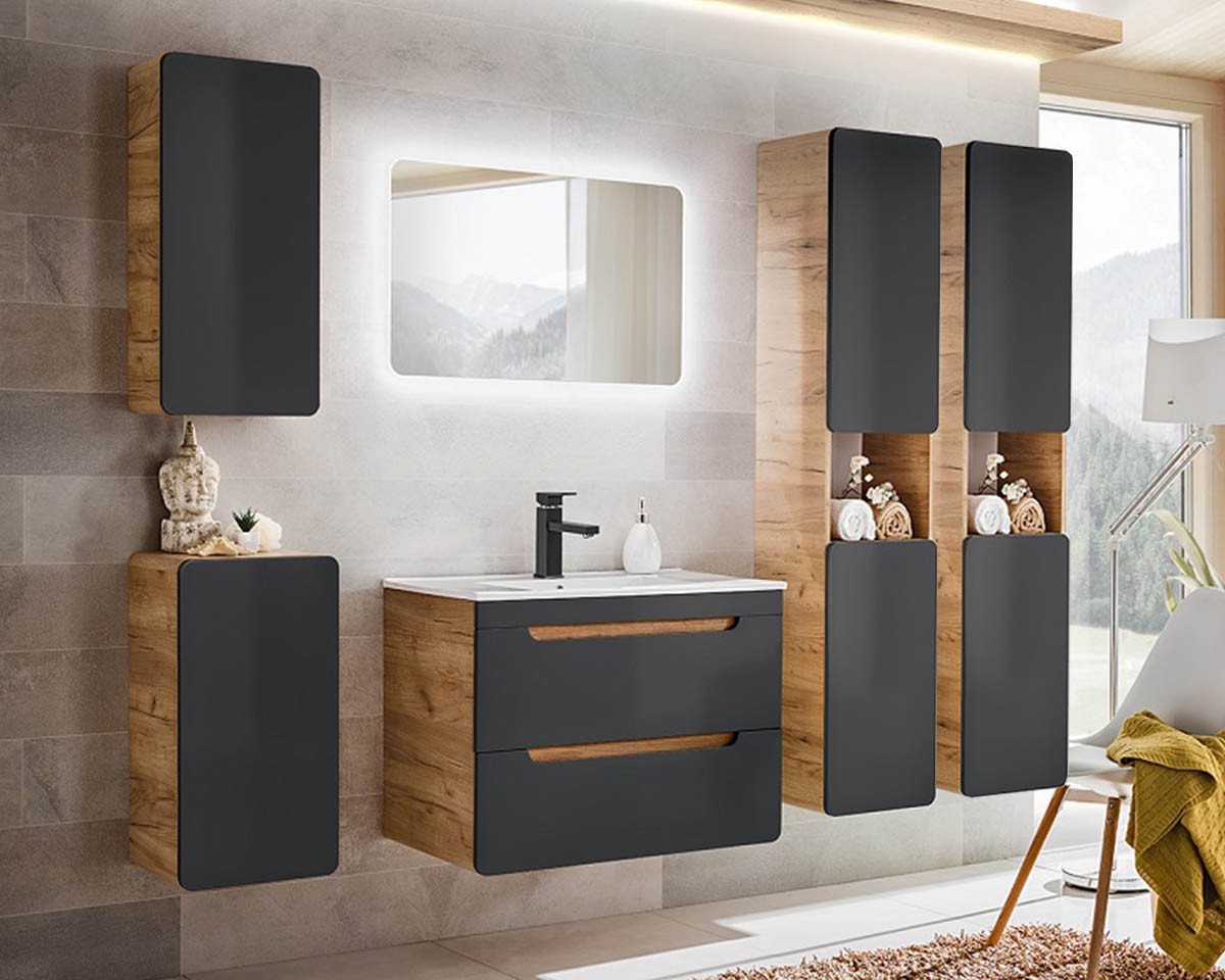 einfachgutemoebel Waschtisch-Set Bad-Set 6-teilig ARUBA black 80cm, Einbaubecken, eiche-schwarz, (Badmöbel Set, 1-St., Badmöbel Waschtisch ARUBA) von einfachgutemoebel