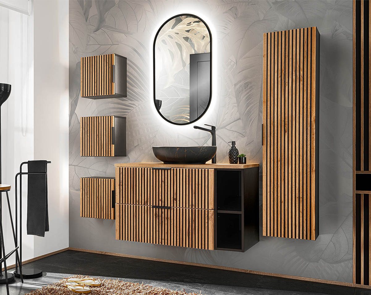 einfachgutemoebel Waschtisch-Set Bad Set 6-teilig TRIBUNE 100cm, Regal Becken blk, Black- Wotan-Eiche, (Badmöbel Set, 1-St., Waschtisch SET 6-teilig) von einfachgutemoebel