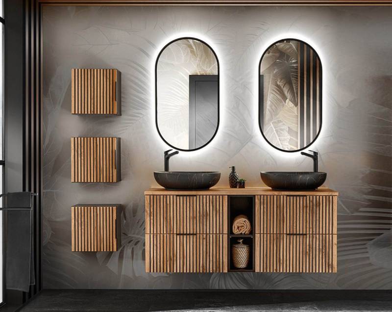 einfachgutemoebel Waschtisch-Set Bad Set 6-teilig TRIBUNE 140cm, Becken black, Schwarz - Wotan-Eiche, (Badmöbel Set, 1-St., Waschtisch SET 6-teilig) von einfachgutemoebel