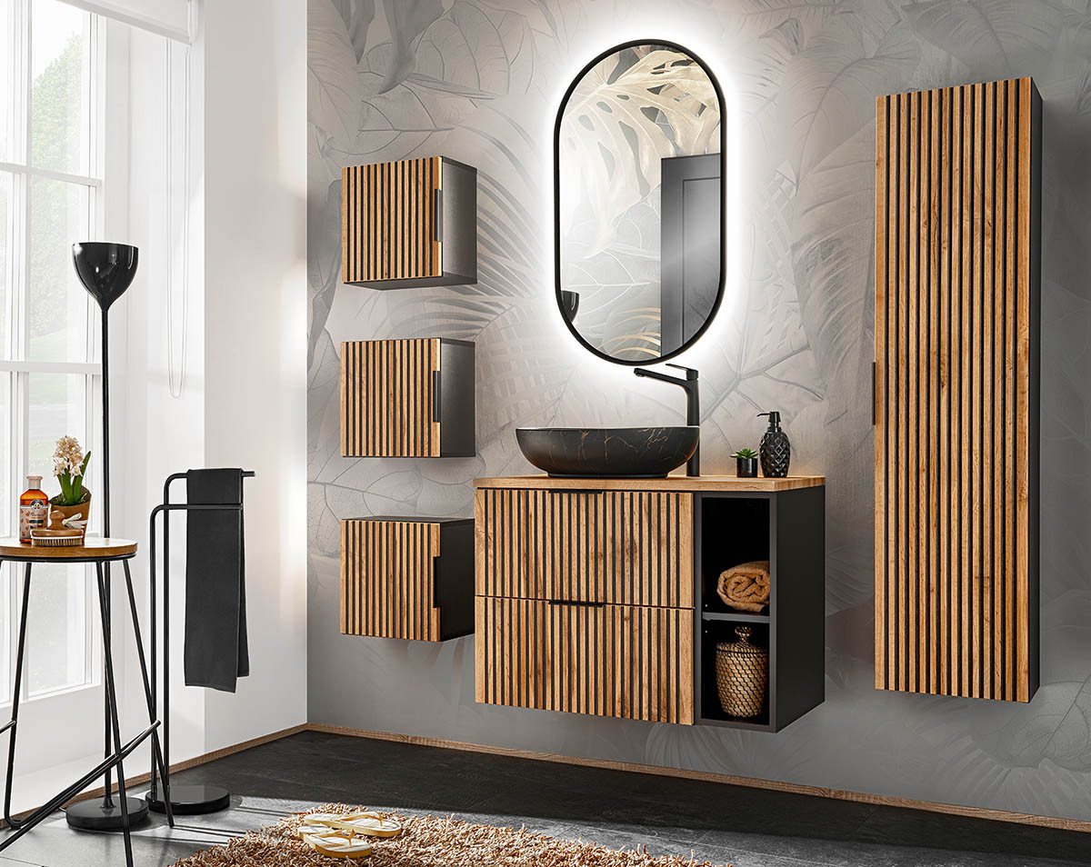 einfachgutemoebel Waschtisch-Set Bad Set 6-teilig TRIBUNE 80cm, Regal Becken blk, Black- Wotan-Eiche, (Badmöbel Set, 1-St., Waschtisch SET 6-teilig) von einfachgutemoebel