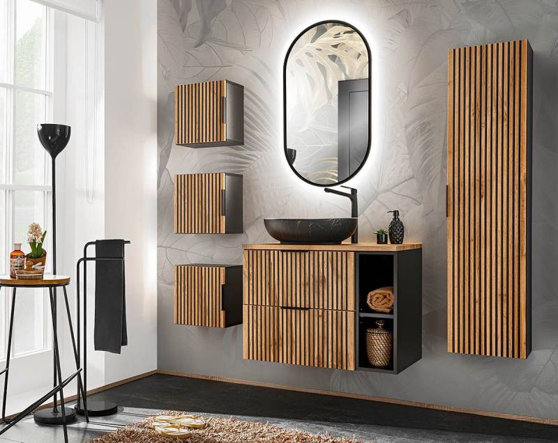einfachgutemoebel Waschtisch-Set Bad Set 6-teilig TRIBUNE 80cm, Regal Becken blk, Black- Wotan-Eiche, (Badmöbel Set, 1-St., Waschtisch SET 6-teilig) von einfachgutemoebel