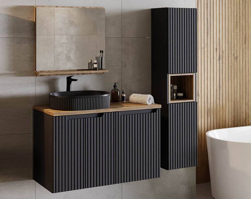 einfachgutemoebel Waschtisch-Set Bad-Set ILUNA Black 100cm Türen, 3-tlg Wäscheschrank, schwarz-oak, (Badmöbel Set, 1-St., Waschtisch Unterschrank) von einfachgutemoebel