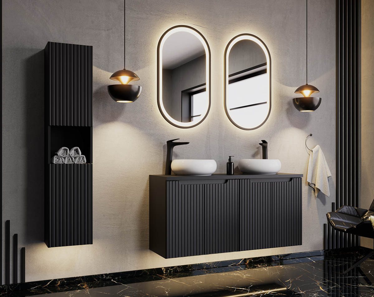 einfachgutemoebel Waschtisch-Set Bad-Set ILUNA Black 120cm Türen, 4-tlg Aufsatzbecken, schwarz, (Badmöbel Set, 1-St., Waschtisch Unterschrank) von einfachgutemoebel