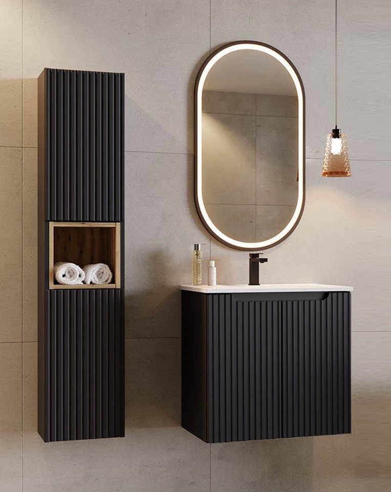 einfachgutemoebel Waschtisch-Set Bad-Set ILUNA Black 60cm Türen, 3-tlg Einbaubecken, schwarz-oak, (Badmöbel Set, 1-St., Waschtisch Unterschrank) von einfachgutemoebel